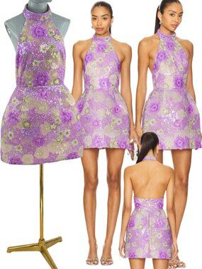 🆕 BRONX & BANCO 🧿 NWOT Deidre Floral Sequin Halter Mini Dress, Lilac Sz L US 8